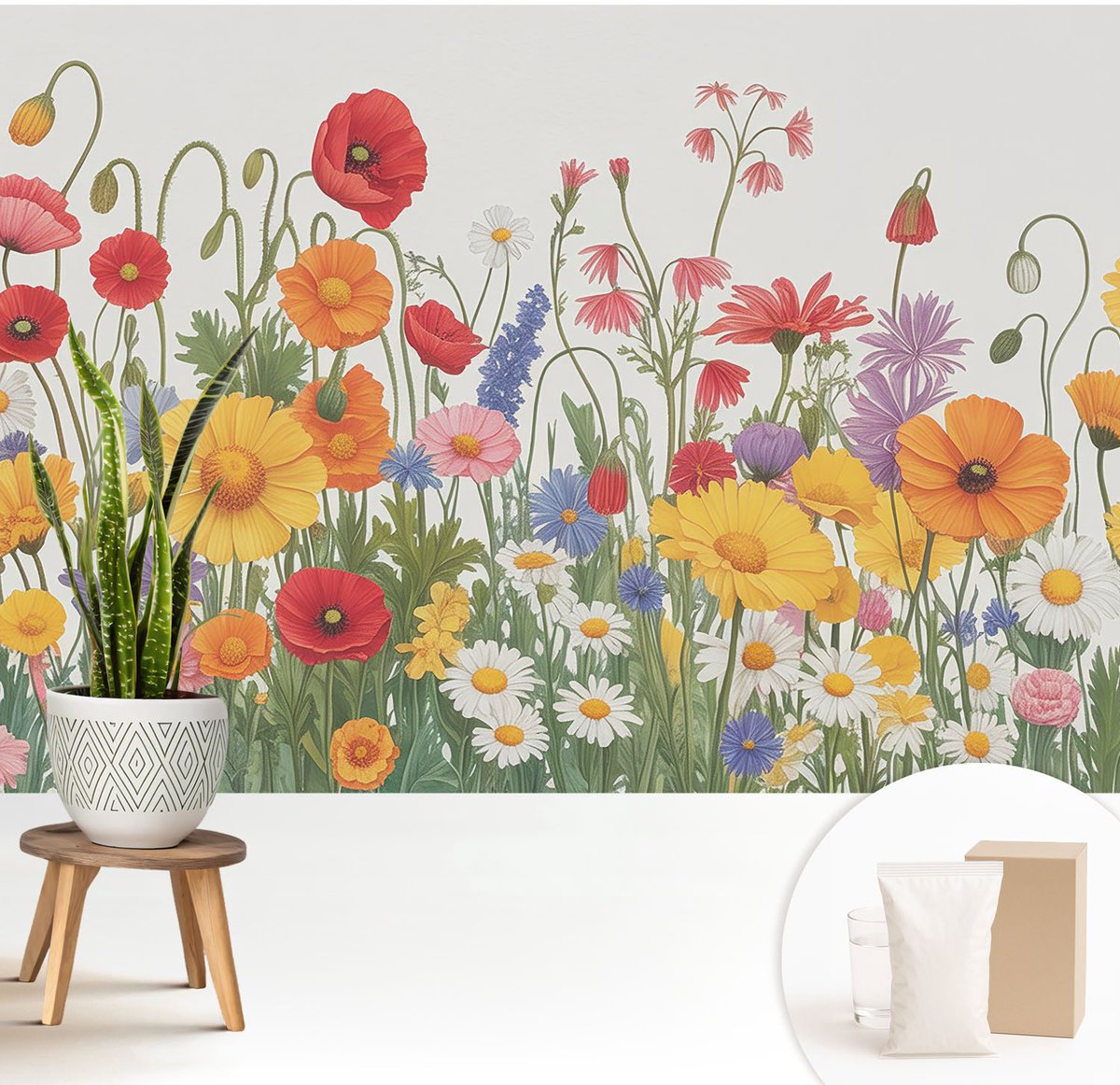 Wallfluent Fotobehang - Geel Vliesbehang - 208x146 cm - Bloemenweide Fotobehang Vlies - Woonkamer behang Bloemen En Planten - Muurschildering - Hal behang