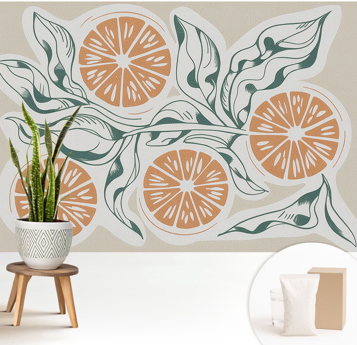 Wallfluent Fotobehang - Wit Vliesbehang - 208x146 cm - Vruchtpatronen Fotobehang Vlies - Hal behang Bloemen En Planten - Muurschildering - Woonkamer behang