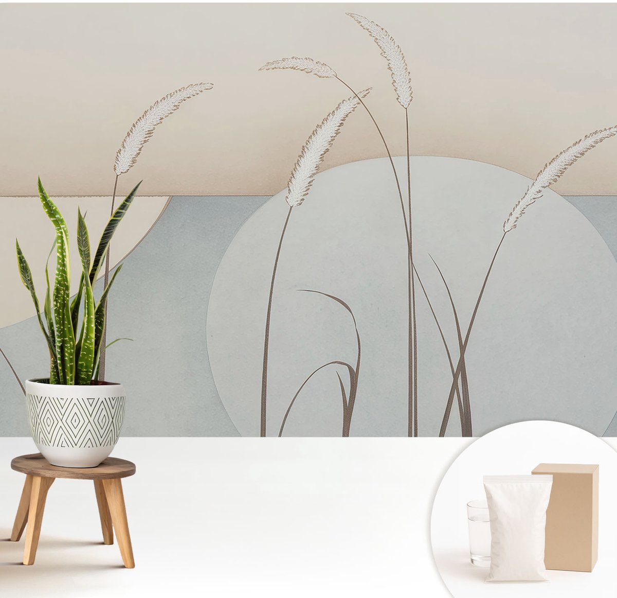 Wallfluent Fotobehang - Beige Vliesbehang - 208x146 cm - Zachte Grassen Fotobehang Vlies - Woonkamer behang Bloemen En Planten - Muurschildering - Hal behang