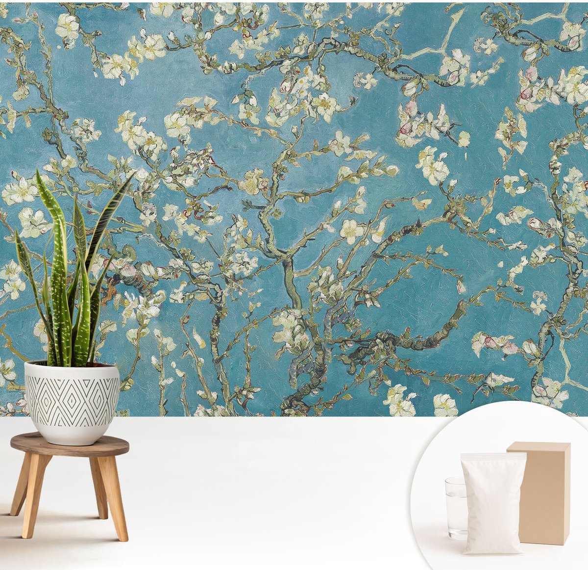 Wallfluent Fotobehang - Blauw Vliesbehang - 208x146 cm - Bloeiende Takken Fotobehang Vlies - Woonkamer behang Bloemen En Planten - Muurschildering - Woonkamer behang