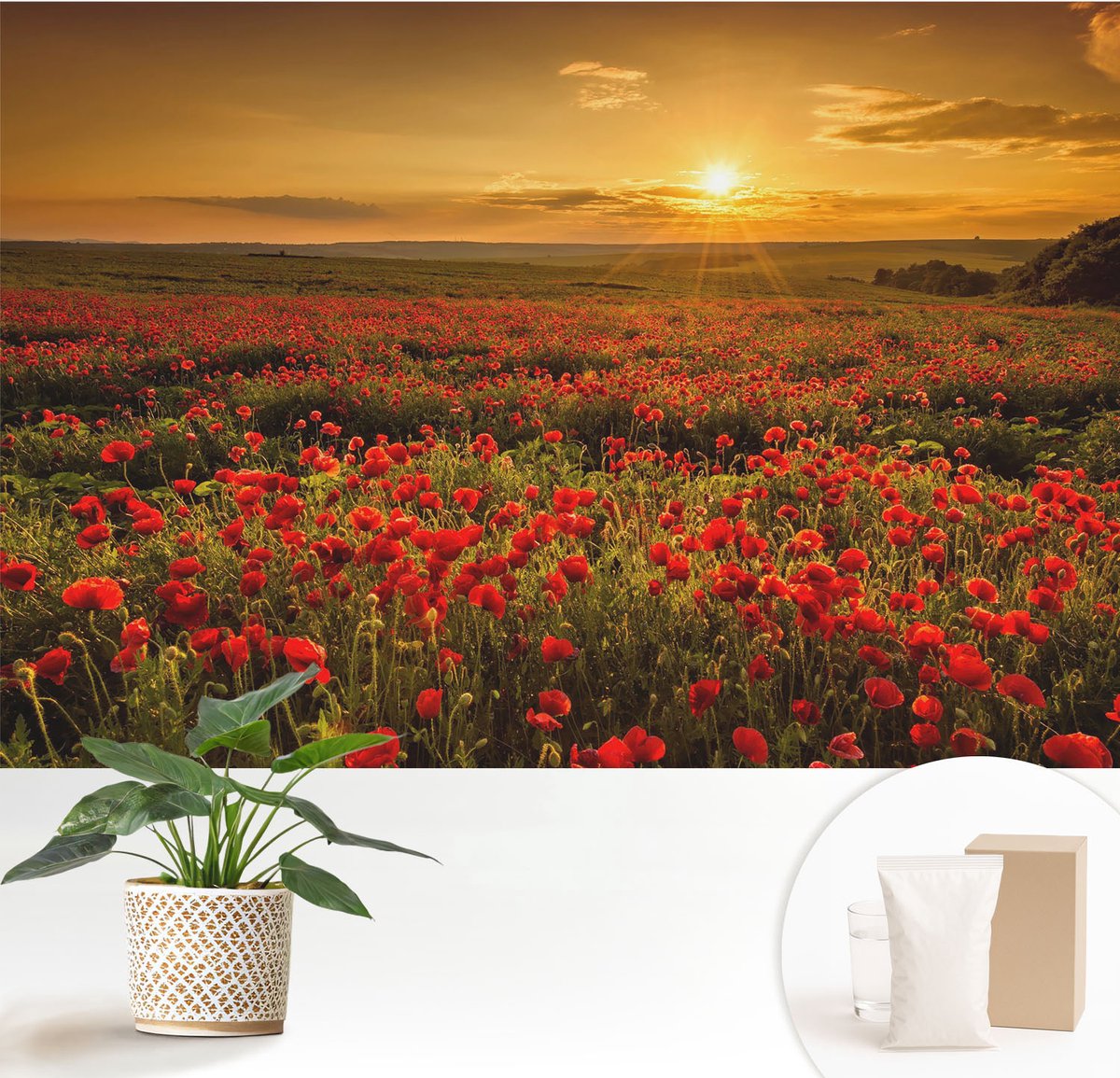 Wallfluent Fotobehang - Rood Vliesbehang - 152x104 cm - Papaverveld Fotobehang Vlies - Woonkamer behang Landschappen - Muurschildering - Woonkamer behang