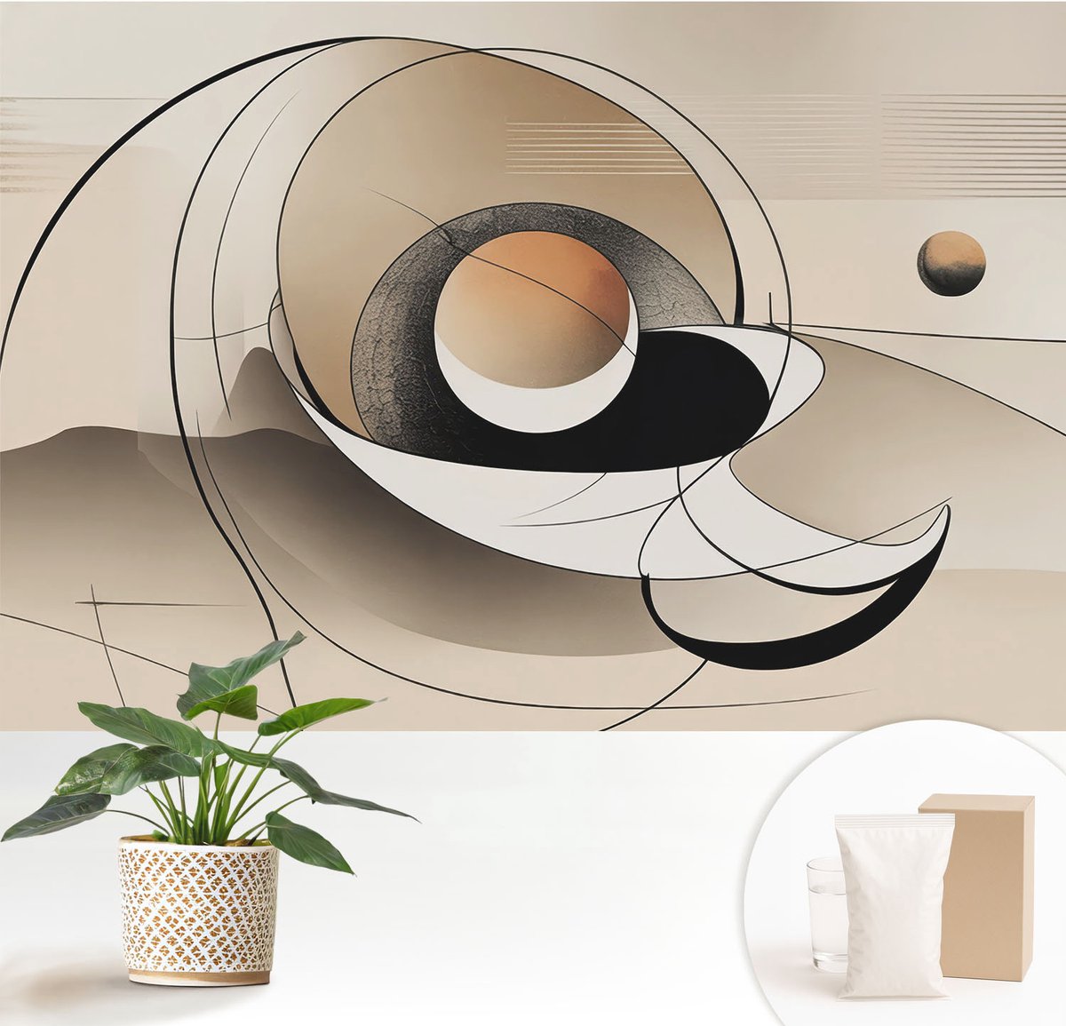 Wallfluent Fotobehang - Beige Vliesbehang - 152x104 cm - Harmonieuze Abstractie Muurschildering - Gang behang Abstractie - Fotobehang Vlies - Slaapkamer behang