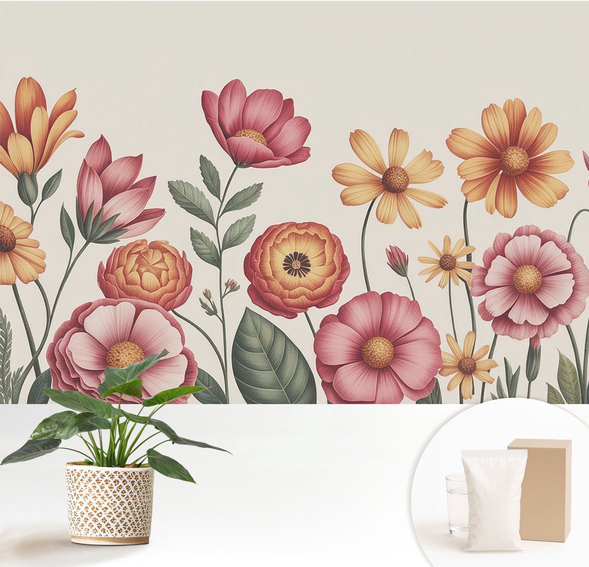 Wallfluent Fotobehang - Roze Vliesbehang - 152x104 cm - Bloemarrangement Fotobehang Vlies - Woonkamer behang Bloemen En Planten - Muurschildering - Woonkamer behang