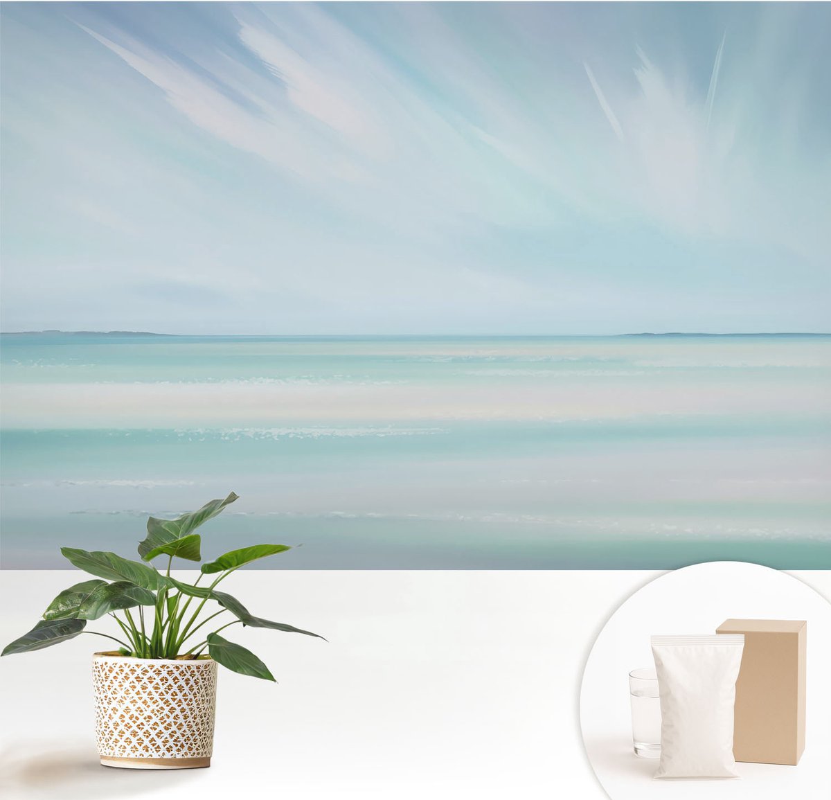 Wallfluent Fotobehang - Blauw Vliesbehang - 152x104 cm - Kalme Zee Fotobehang Vlies - Hal behang Landschappen - Muurschildering - Woonkamer behang