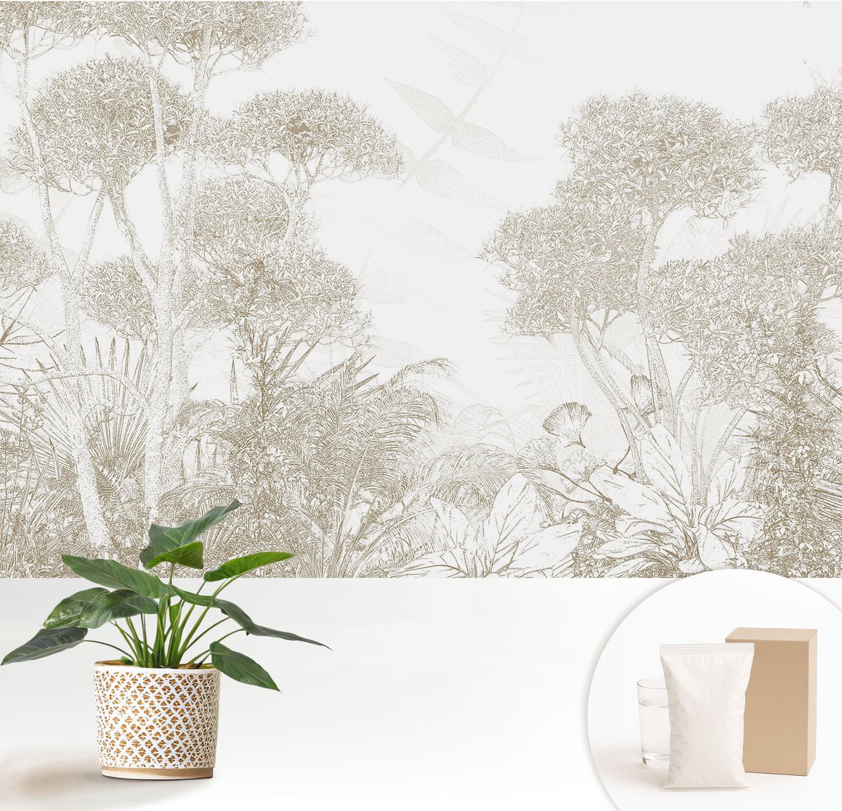 Wallfluent Fotobehang - Wit Vliesbehang - 152x104 cm - Tropische Vegetatie Fotobehang Vlies - Hal behang Bloemen En Planten - Muurschildering - Woonkamer behang