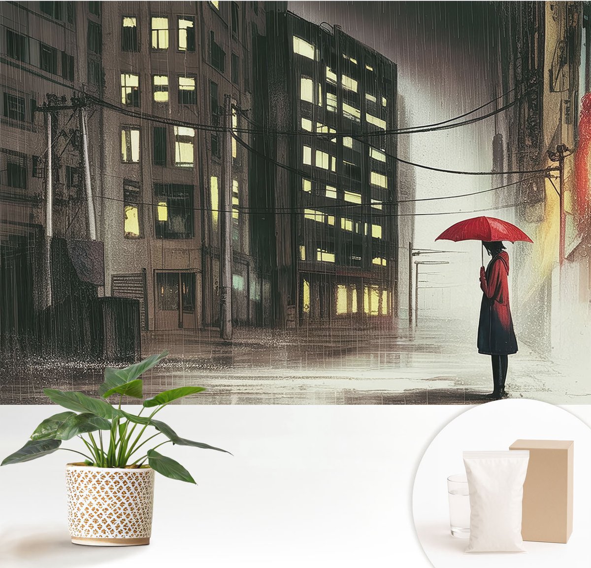 Wallfluent Fotobehang - Zwart Vliesbehang - 152x104 cm - Regenachtige Stad Fotobehang Vlies - Hal behang Steden - Muurschildering - Woonkamer behang
