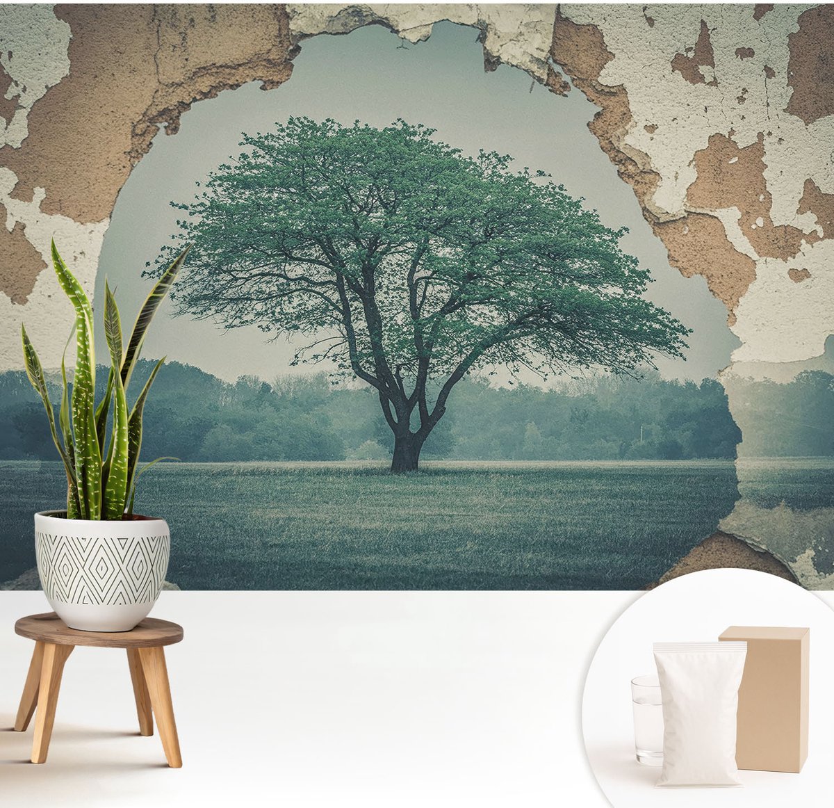 Wallfluent Fotobehang - Grijs Vliesbehang - 208x146 cm - Een Eenzame Boom Muurschildering - Slaapkamer behang Landschappen - Fotobehang Vlies - Slaapkamer behang