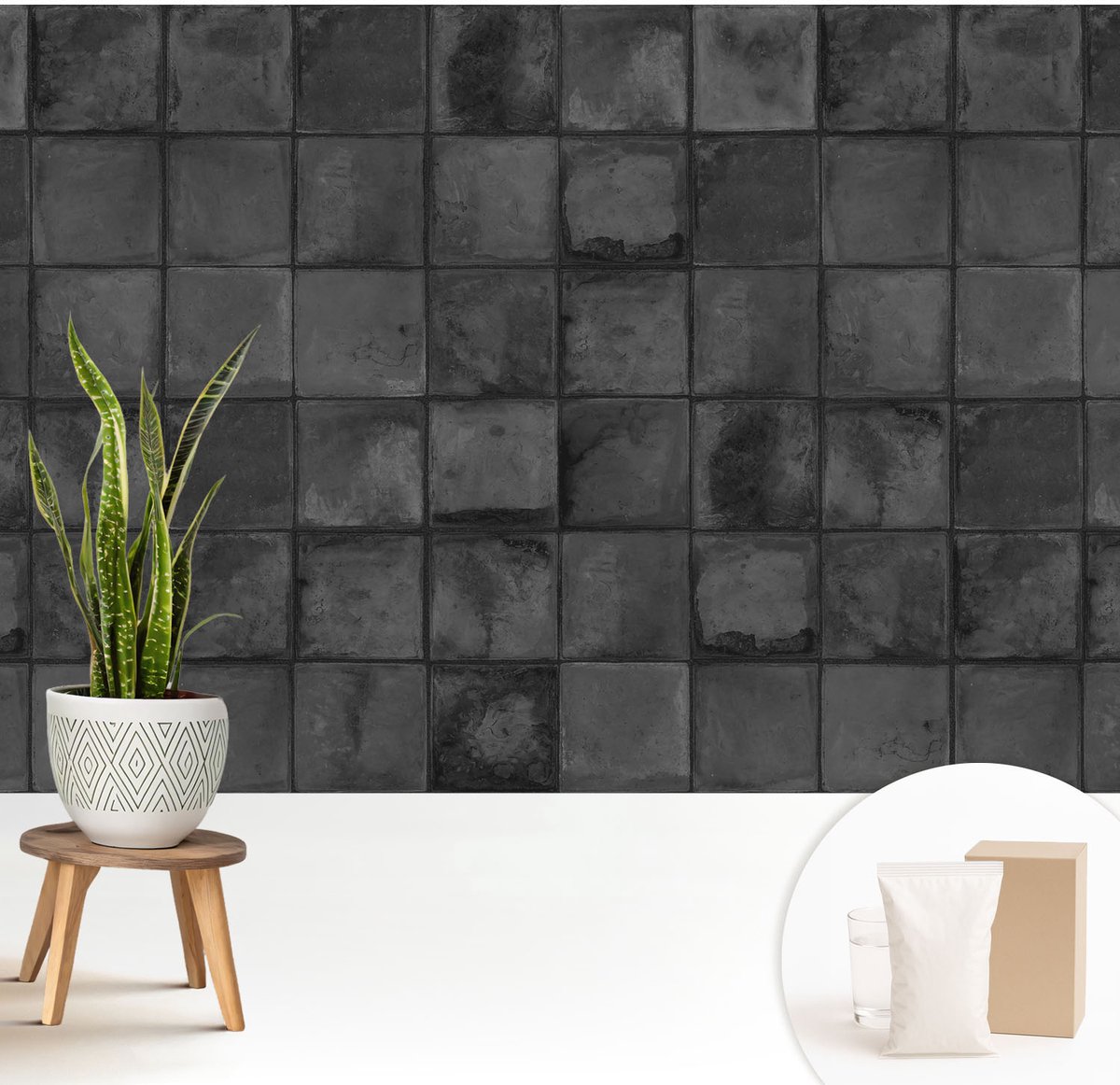 Wallfluent Fotobehang - Grijs Vliesbehang - 208x146 cm - Grijze Tegels Fotobehang Vlies - Hal behang Texturen - Muurschildering - Hal behang