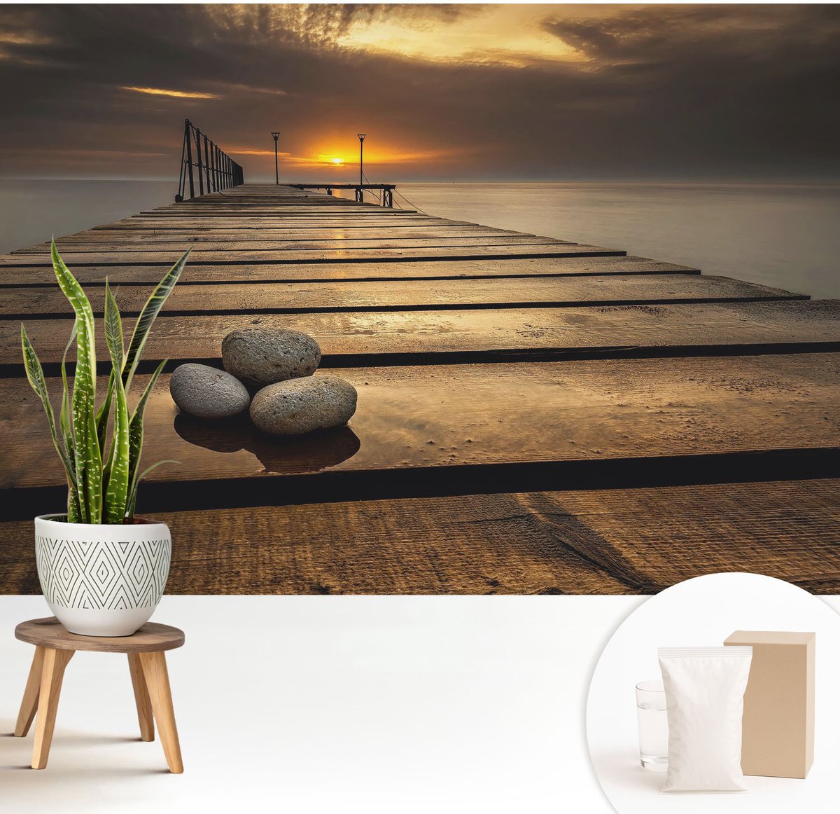 Wallfluent Fotobehang - Bruin Vliesbehang - 208x146 cm - Zonsondergang Muurschildering - Slaapkamer behang Landschappen - Fotobehang Vlies - Slaapkamer behang
