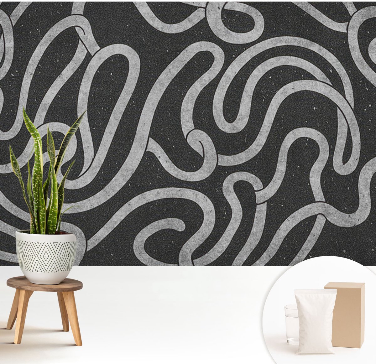 Wallfluent Fotobehang - Zwart Vliesbehang - 208x146 cm - Gedraaide Vormen Muurschildering - Gang behang Texturen - Fotobehang Vlies - Slaapkamer behang