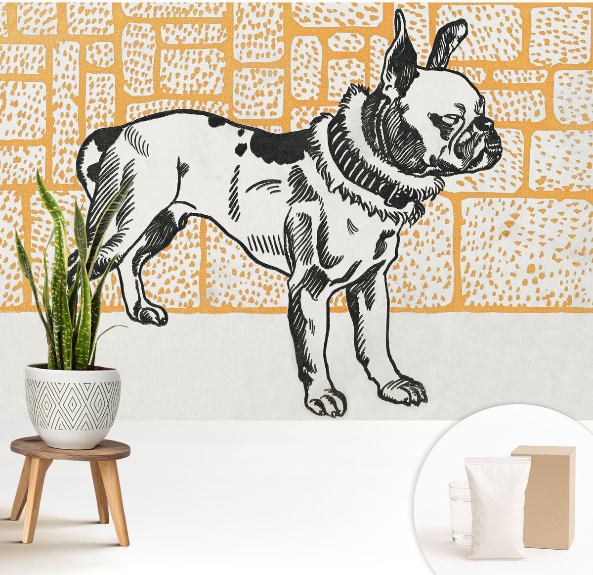 Wallfluent Fotobehang - Wit Vliesbehang - 208x146 cm - Retro Hond Muurschildering - Slaapkamer behang Dieren - Fotobehang Vlies - Slaapkamer behang