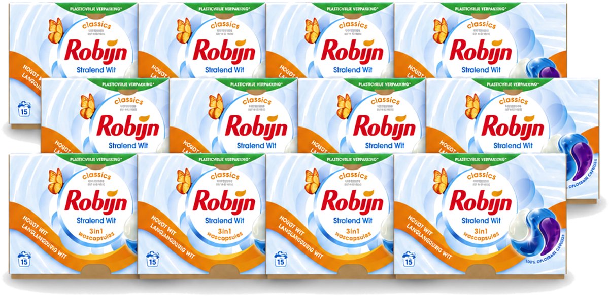 12 x Robijn – 3-in-1 Wascapsules – Stralend Wit – 15 capsules - Voordeelverpakking - 12 stuks