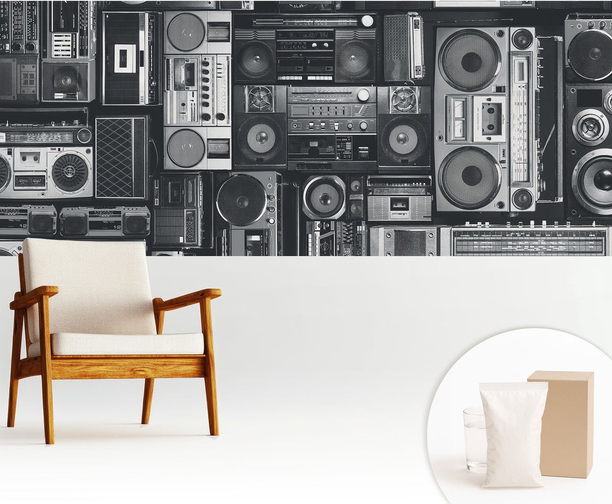 Wallfluent Fotobehang - Zwart Vliesbehang - 250x104 cm - Retro Radio Muurschildering - Gang behang Achtergronden En Patronen - Fotobehang Vlies - Gang behang