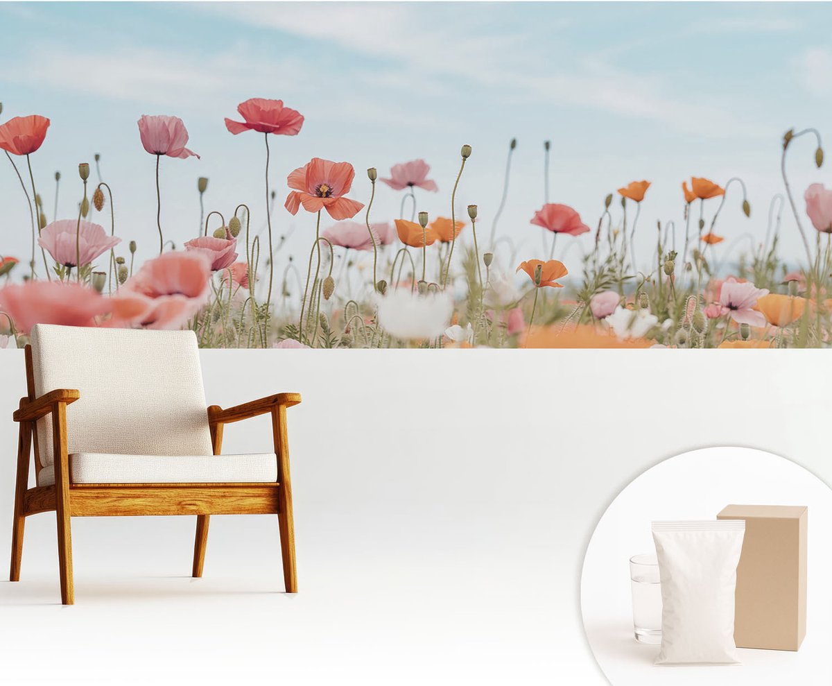 Wallfluent Fotobehang - Blauw Vliesbehang - 250x104 cm - Klaprozen Muurschildering - Slaapkamer behang Bloemen En Planten - Fotobehang Vlies - Gang behang