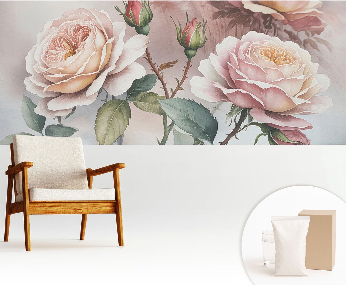 Wallfluent Fotobehang - Roze Vliesbehang - 250x104 cm - Pastel Rozen Fotobehang Vlies - Hal behang Bloemen En Planten - Muurschildering - Woonkamer behang