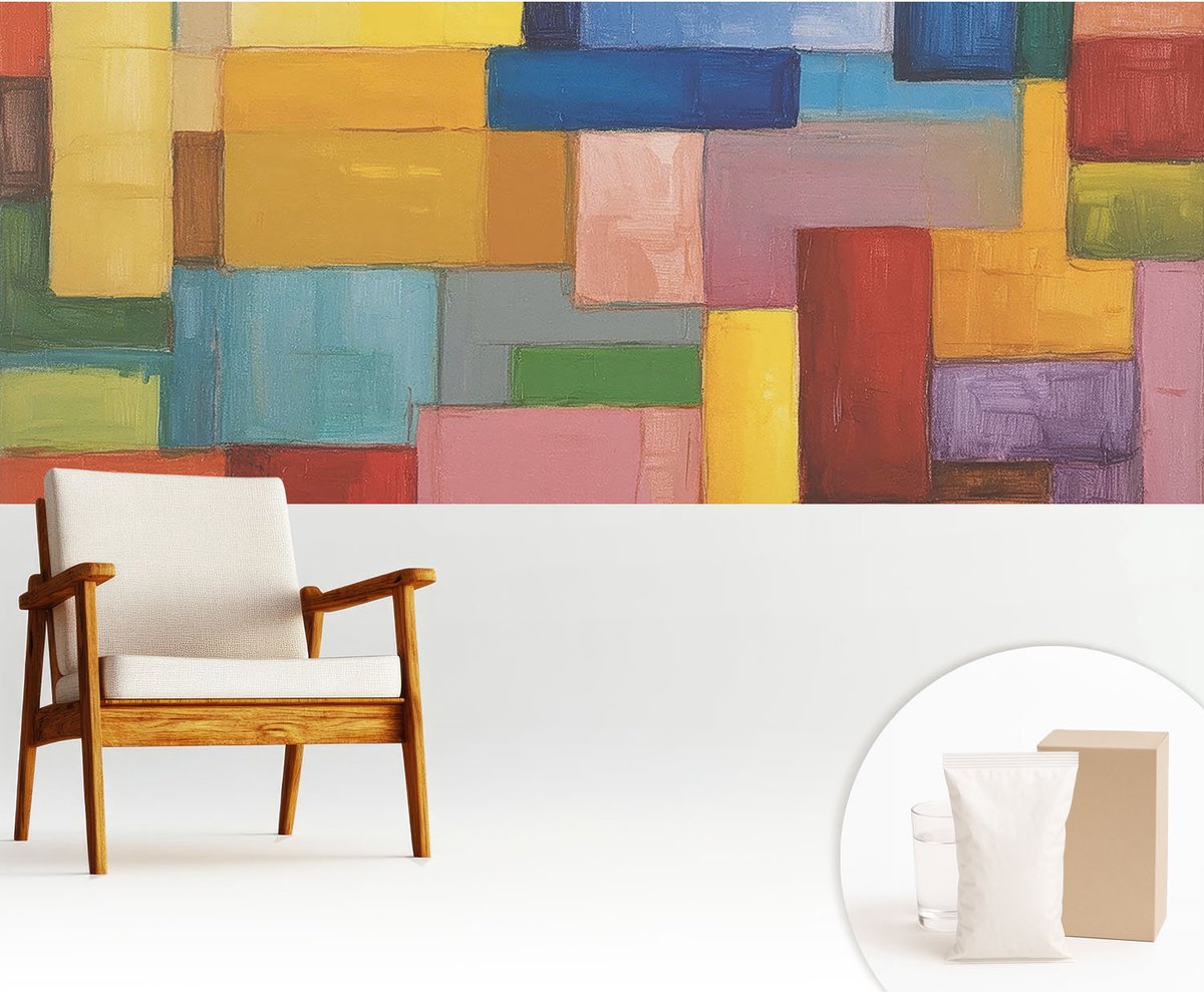 Wallfluent Fotobehang - Geel Vliesbehang - 250x104 cm - Gekleurde Rechthoeken Fotobehang Vlies - Woonkamer behang Abstractie - Muurschildering - Hal behang