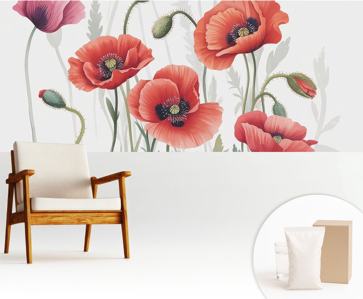 Wallfluent Fotobehang - Rood Vliesbehang - 250x104 cm - Rode Klaprozen Fotobehang Vlies - Hal behang Bloemen En Planten - Muurschildering - Woonkamer behang