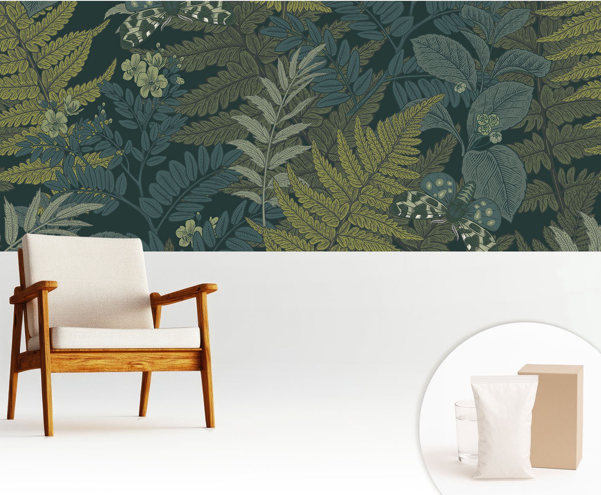 Wallfluent Fotobehang - Groente Vliesbehang - 250x104 cm - Groene Elegantie Fotobehang Vlies - Woonkamer behang Bloemen En Planten - Muurschildering - Hal behang