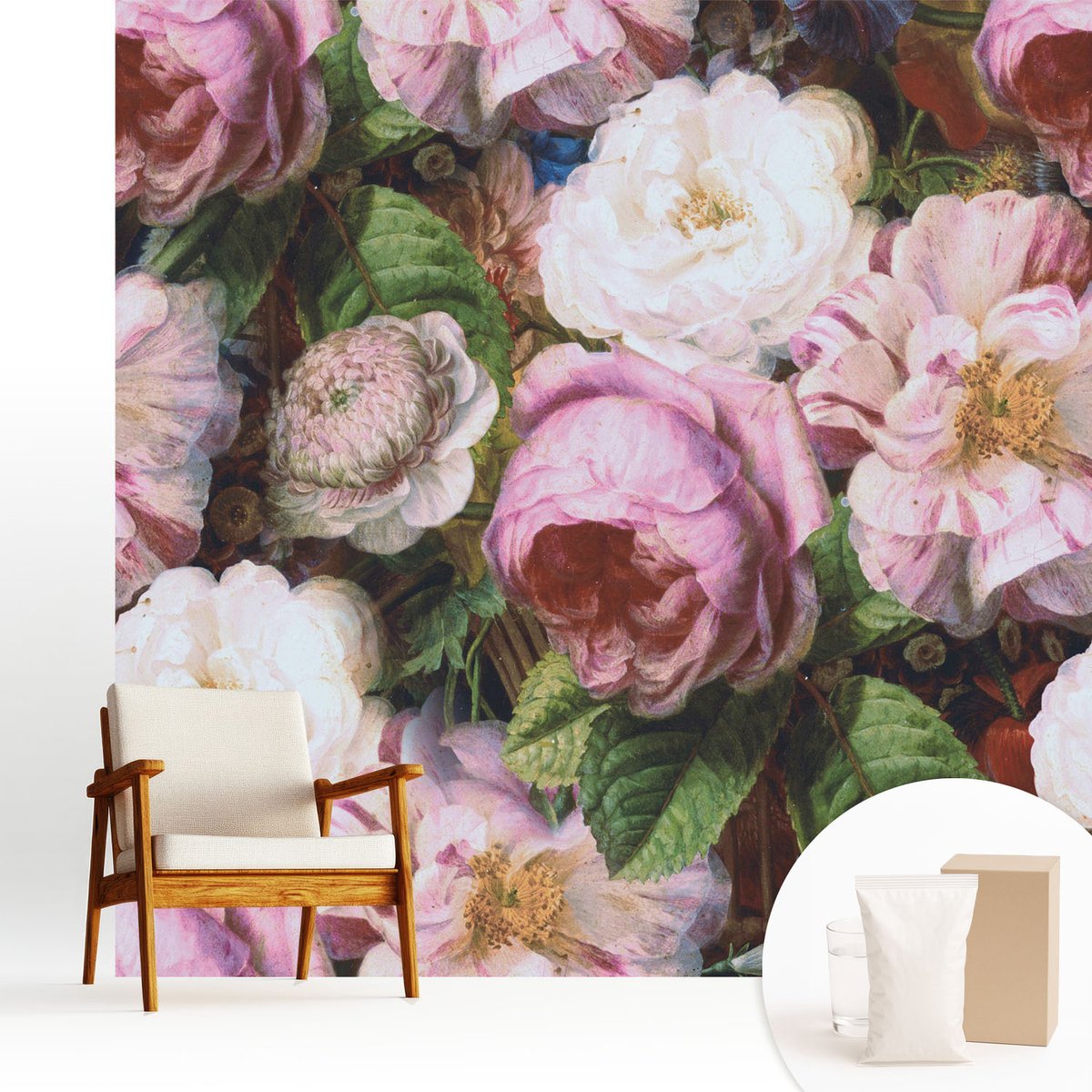 Wallfluent Fotobehang - Roze Vliesbehang - 250x250 cm - Bloemige Elegantie Muurschildering - Slaapkamer behang Bloemen En Planten - Fotobehang Vlies - Slaapkamer behang