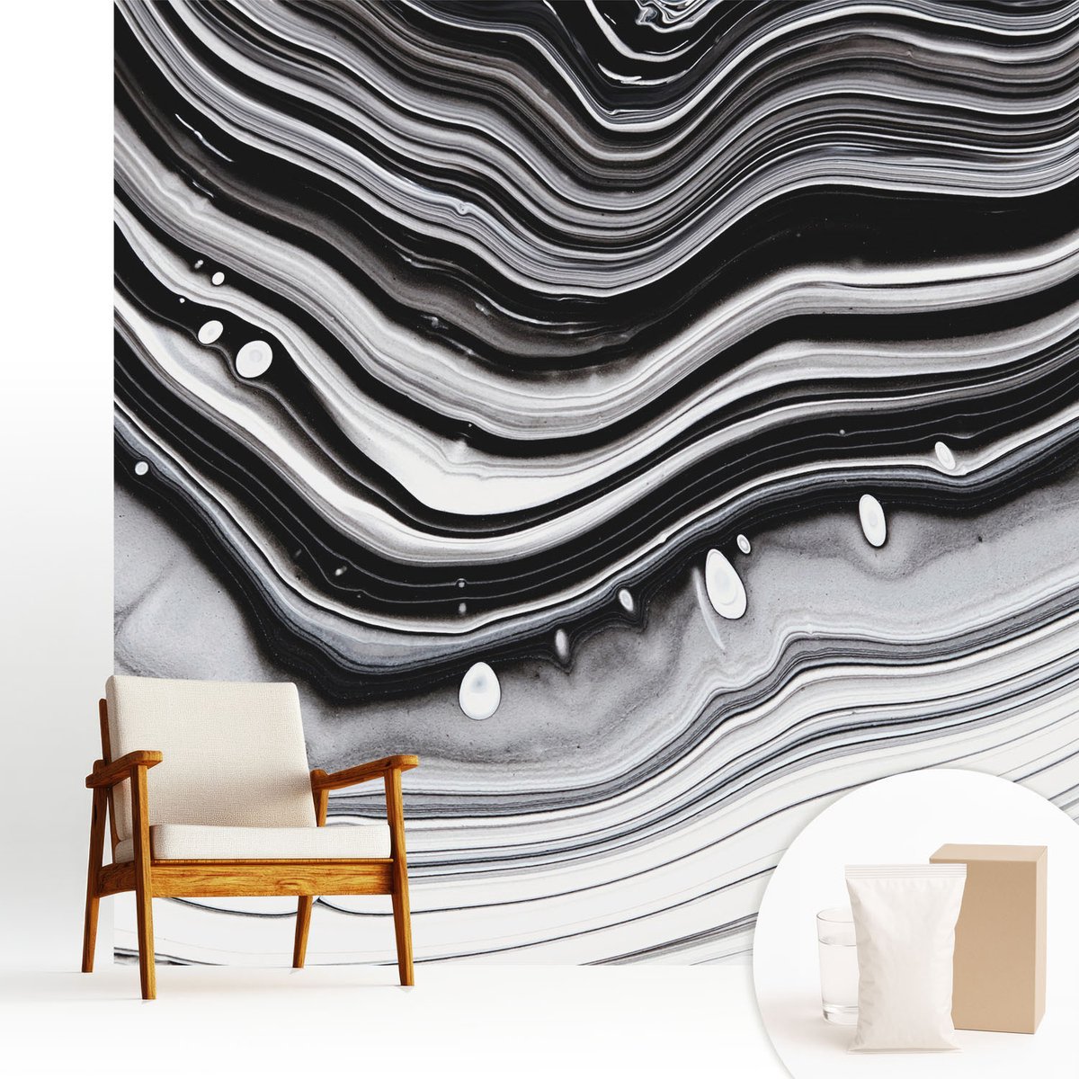 Wallfluent Fotobehang - Zwart-Wit Vliesbehang - 250x250 cm - Optische Golven Muurschildering - Slaapkamer behang Achtergronden En Patronen - Fotobehang Vlies - Slaapkamer behang
