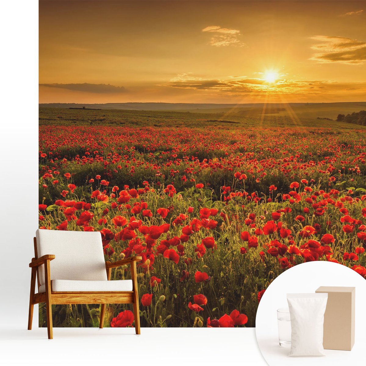 Wallfluent Fotobehang - Rood Vliesbehang - 250x250 cm - Papaverveld Fotobehang Vlies - Hal behang Landschappen - Muurschildering - Woonkamer behang