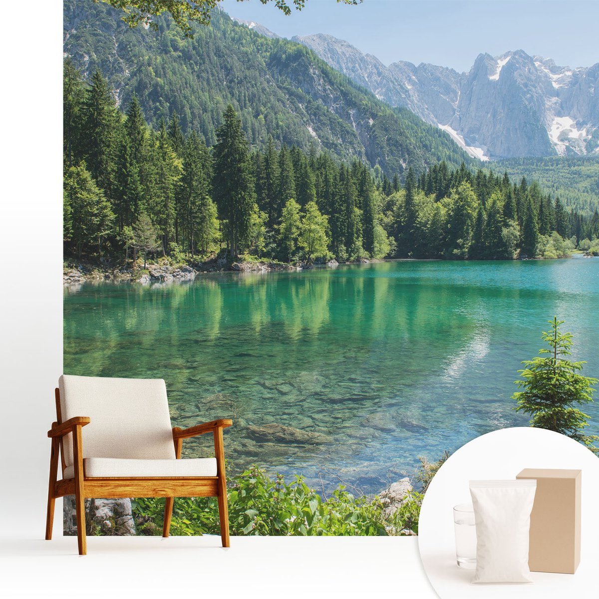 Wallfluent Fotobehang - Groente Vliesbehang - 250x250 cm - Groen Meer Fotobehang Vlies - Woonkamer behang Landschappen - Muurschildering - Woonkamer behang