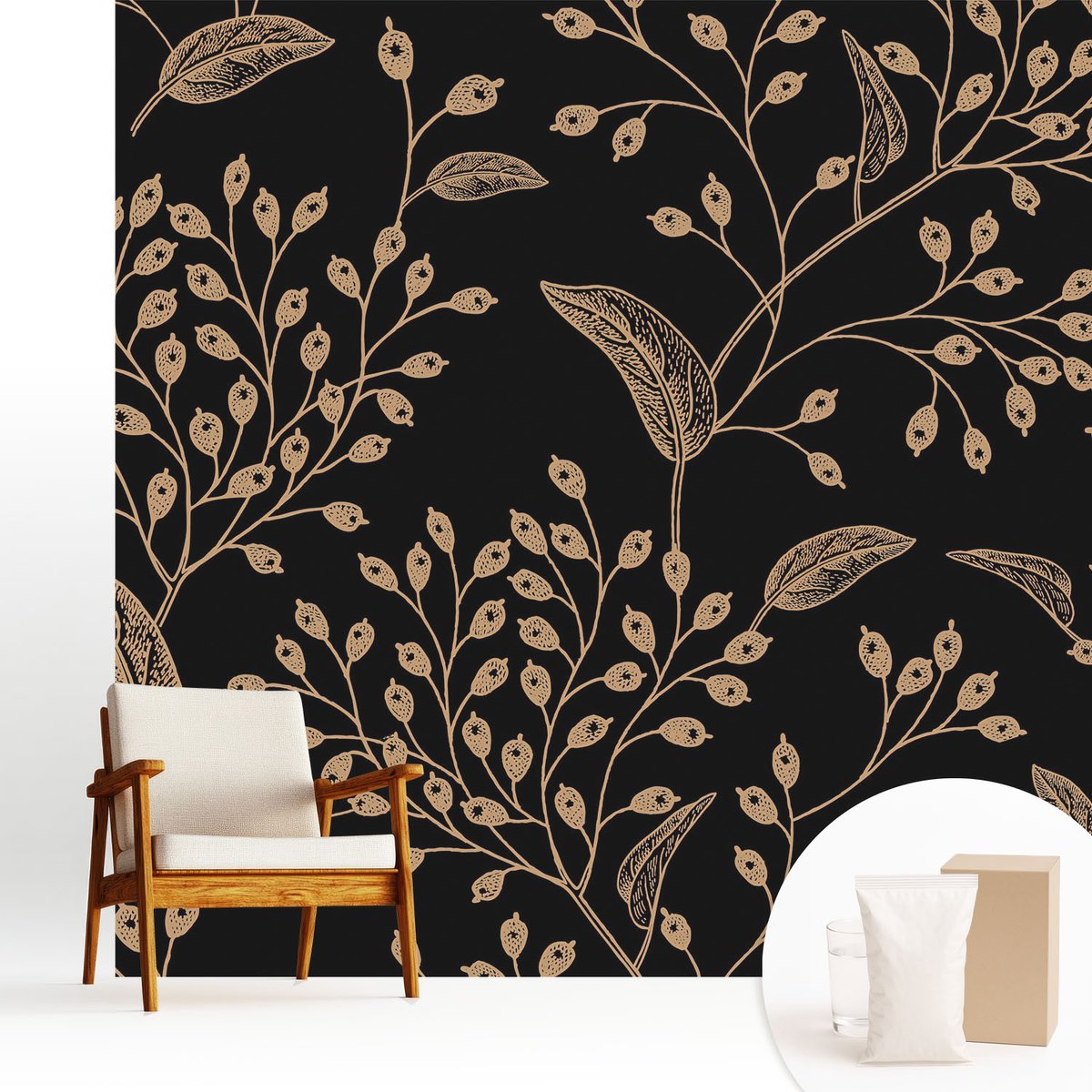 Wallfluent Fotobehang - Zwart Vliesbehang - 250x250 cm - Botanische Elegantie Fotobehang Vlies - Woonkamer behang Bloemen En Planten - Muurschildering - Hal behang