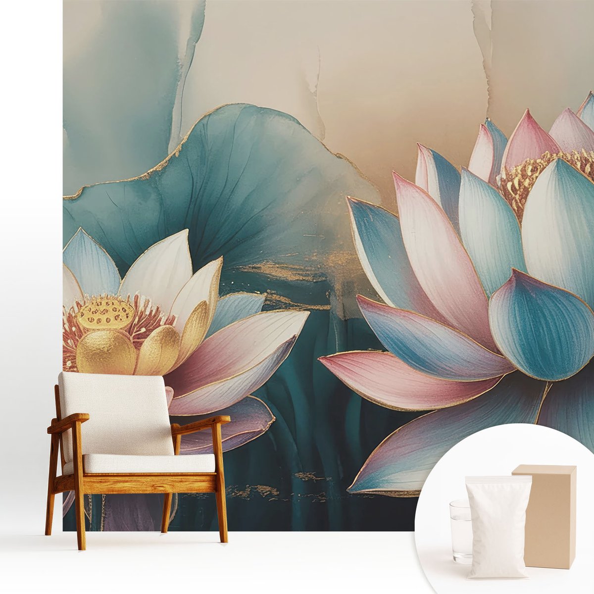 Wallfluent Fotobehang - Blauw Vliesbehang - 250x250 cm - Lotusbloemen Van Harmonie Fotobehang Vlies - Woonkamer behang Bloemen En Planten - Muurschildering - Woonkamer behang