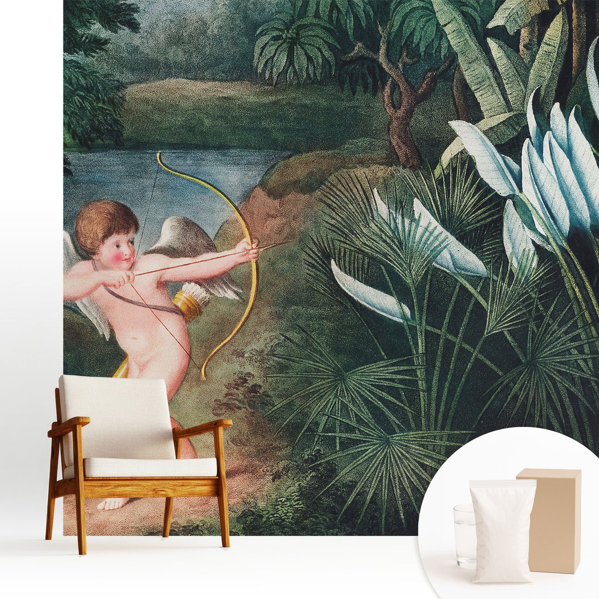 Wallfluent Fotobehang - Groente Vliesbehang - 250x250 cm - Schattige Cupido Fotobehang Vlies - Hal behang Bloemen En Planten - Muurschildering - Woonkamer behang