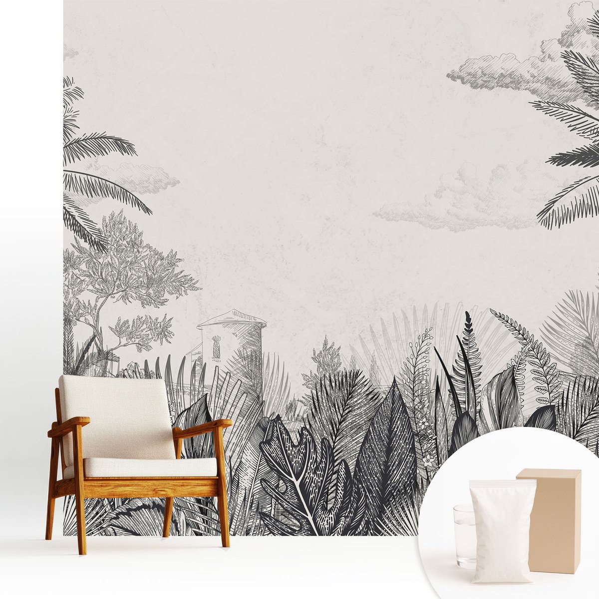 Wallfluent Fotobehang - Grijs Vliesbehang - 250x250 cm - Tropisch Landschap Fotobehang Vlies - Woonkamer behang Landschappen - Muurschildering - Woonkamer behang