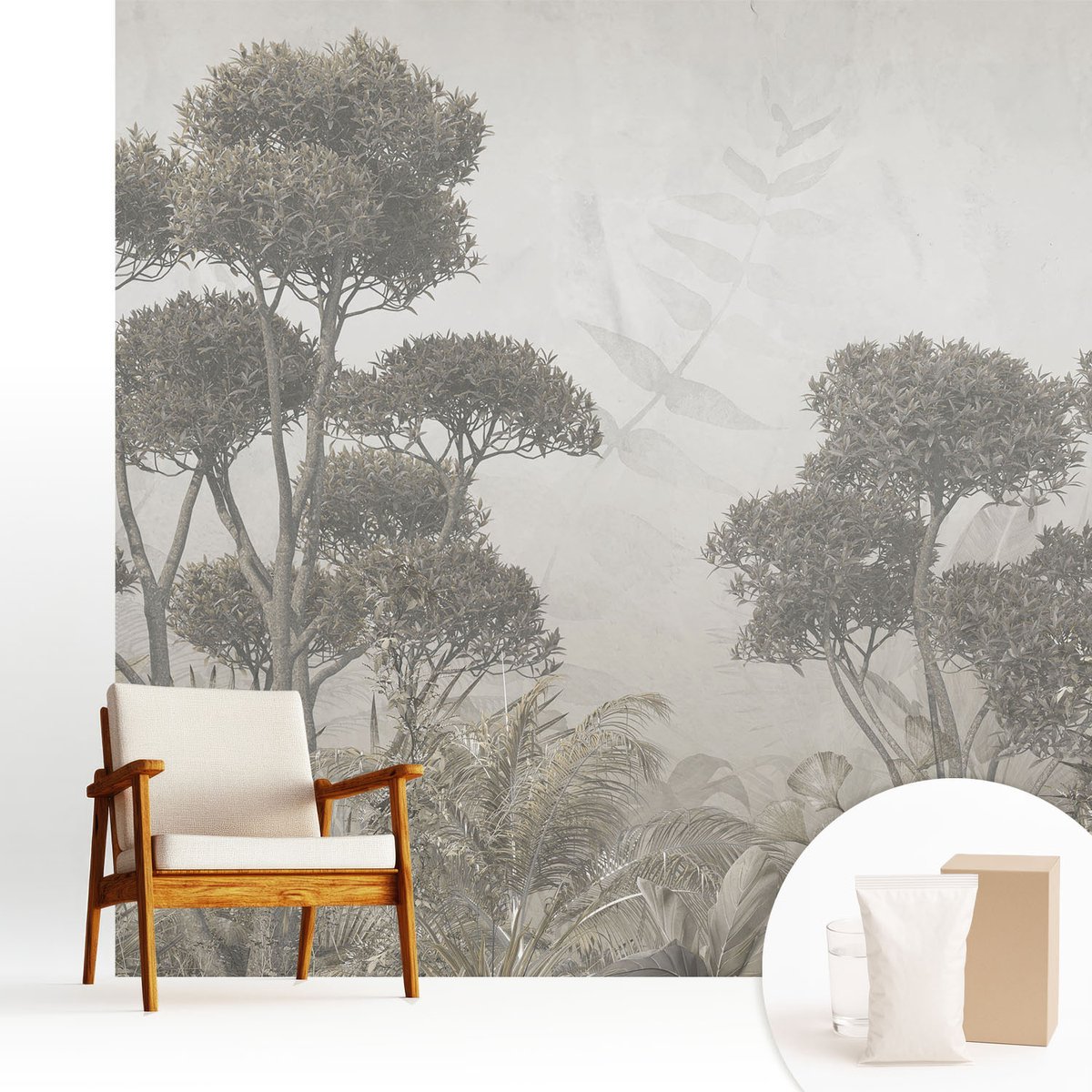 Wallfluent Fotobehang - Wit Vliesbehang - 250x250 cm - Tropische Jungle Muurschildering - Slaapkamer behang Bloemen En Planten - Fotobehang Vlies - Slaapkamer behang