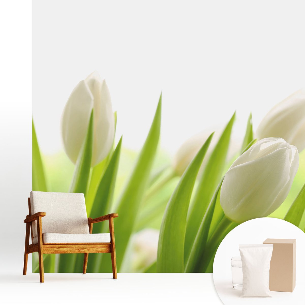 Wallfluent Fotobehang - Wit Vliesbehang - 250x250 cm - Witte Tulpen Muurschildering - Gang behang Bloemen En Planten - Fotobehang Vlies - Slaapkamer behang