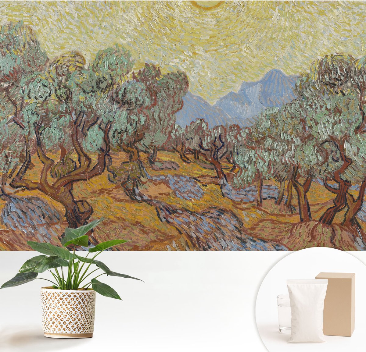 Wallfluent Fotobehang - Geel Vliesbehang - 152x104 cm - Olijfbomen Muurschildering - Gang behang Bloemen En Planten - Fotobehang Vlies - Slaapkamer behang