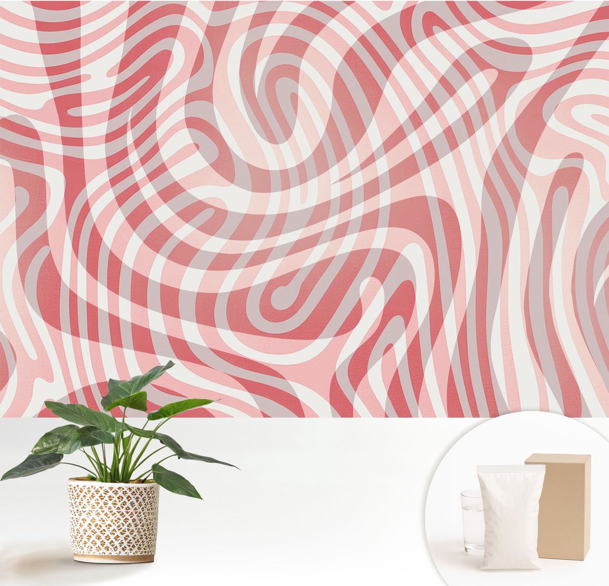 Wallfluent Fotobehang - Rood Vliesbehang - 152x104 cm - Golvende Lijnen Fotobehang Vlies - Hal behang Abstractie - Muurschildering - Woonkamer behang