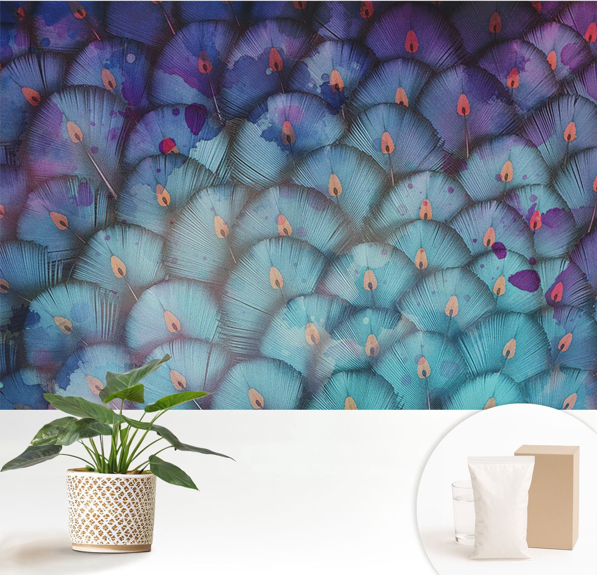 Wallfluent Fotobehang - Blauw Vliesbehang - 152x104 cm - Kleurrijke Veren Muurschildering - Slaapkamer behang Dieren - Fotobehang Vlies - Gang behang