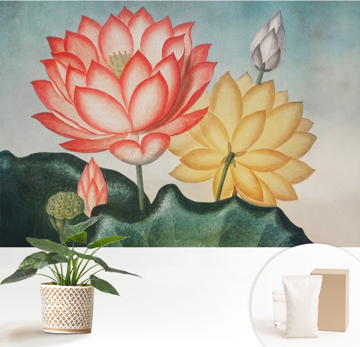 Wallfluent Fotobehang - Rood Vliesbehang - 152x104 cm - Lotusbloemen Muurschildering - Slaapkamer behang Bloemen En Planten - Fotobehang Vlies - Gang behang