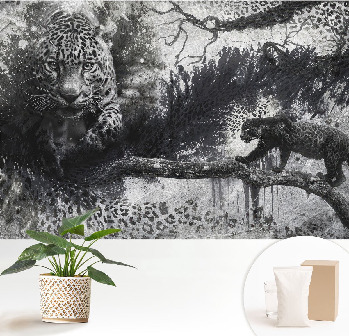 Wallfluent Fotobehang - Zwart-Wit Vliesbehang - 152x104 cm - Abstracte Luipaarden Fotobehang Vlies - Hal behang Dieren - Muurschildering - Hal behang