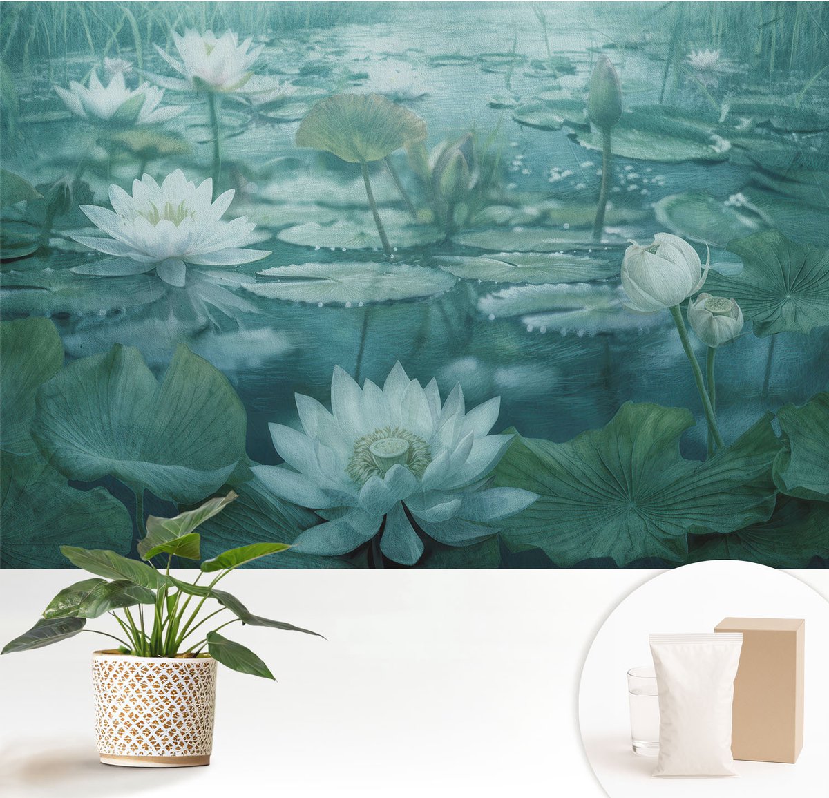 Wallfluent Fotobehang - Zwart-Wit Vliesbehang - 152x104 cm - Waterbloemen Fotobehang Vlies - Hal behang Bloemen En Planten - Muurschildering - Woonkamer behang