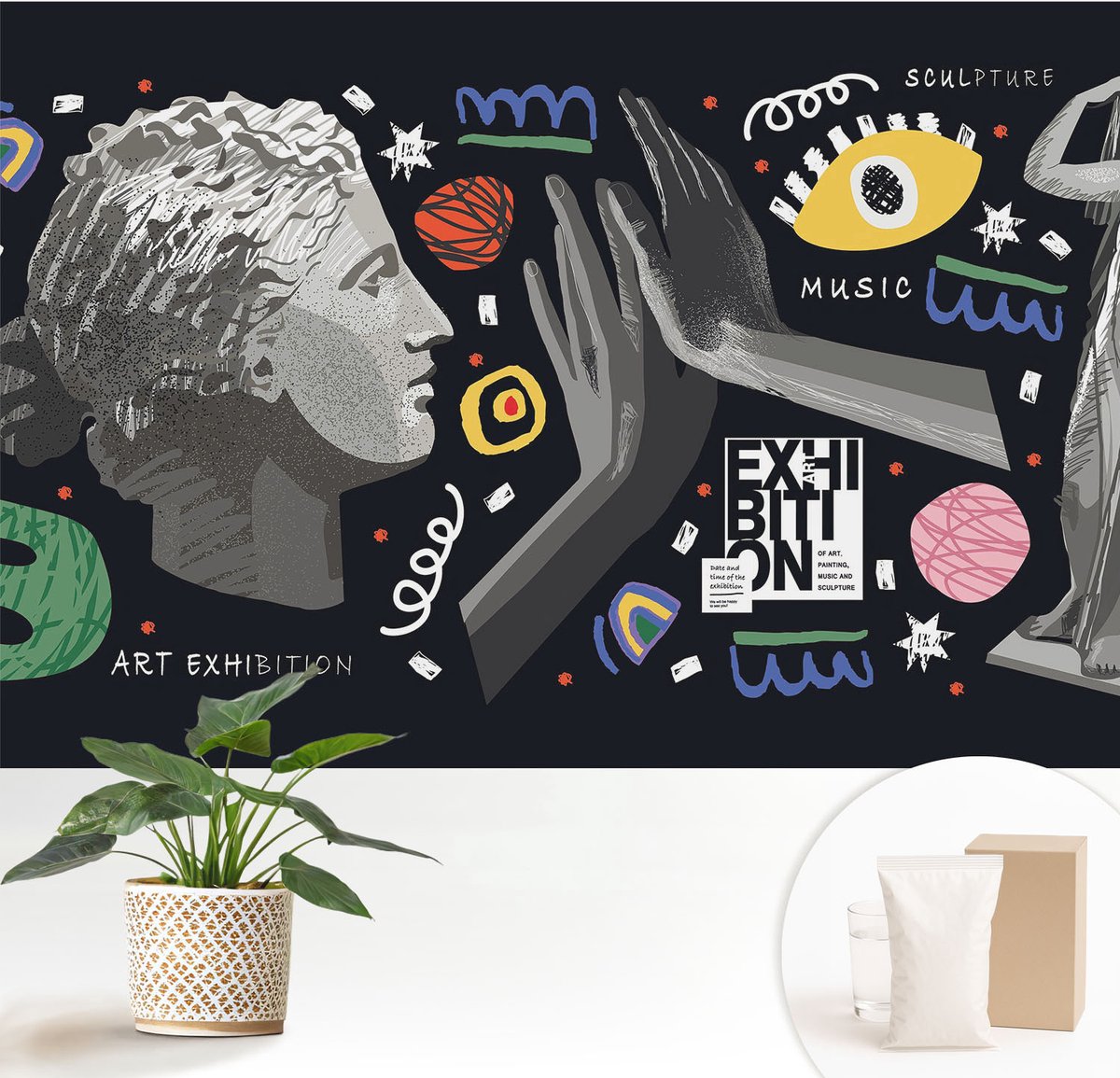 Wallfluent Fotobehang - Zwart Vliesbehang - 152x104 cm - Een Kleurrijke Tentoonstelling Muurschildering - Gang behang Deel - Fotobehang Vlies - Slaapkamer behang