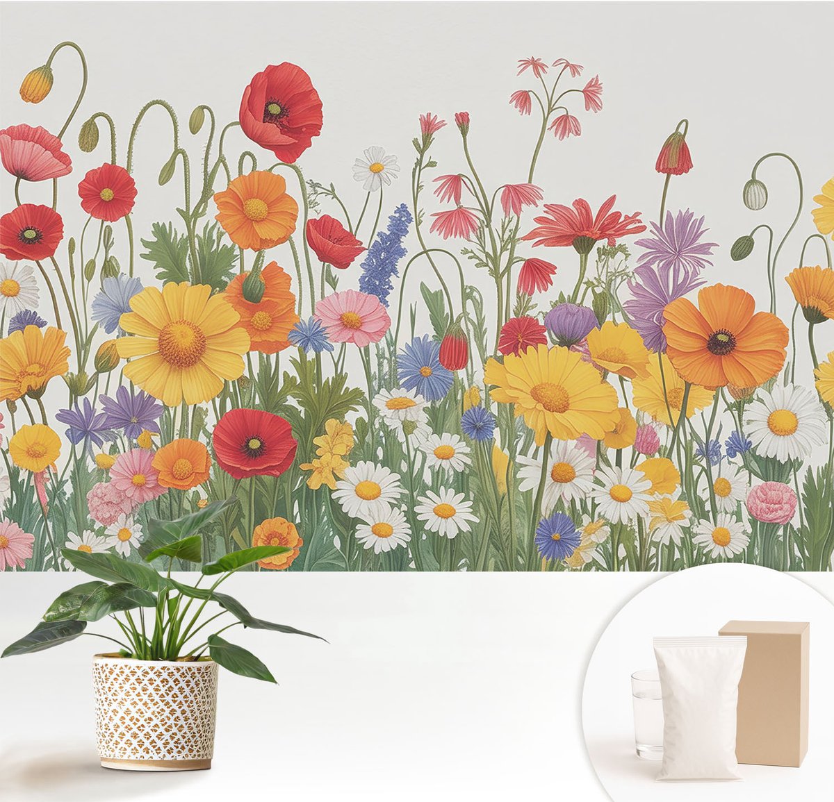 Wallfluent Fotobehang - Geel Vliesbehang - 152x104 cm - Bloemenweide Fotobehang Vlies - Woonkamer behang Bloemen En Planten - Muurschildering - Hal behang