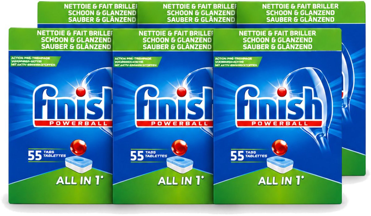 6 x Finish Powerball - All in 1 - Vaatwastabletten - Schoon & Glans - 55 Tabletten - Voordeelverpakking - 6 stuks