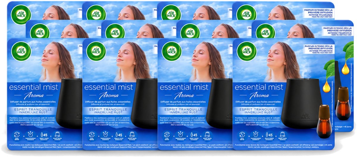 12 x Air Wick Essential Mist - Automatische Luchtverfrisser Kit - Innerlijke Rust - Eucalyptus & Lavendel - Voordeelverpakking - 12 stuks