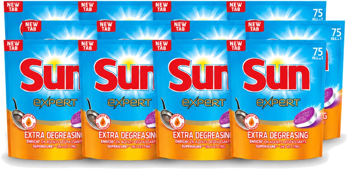 12 x Sun Expert - All-in-1 - Vaatwastabletten - Extra Ontvettend - 75 Tabletten - Voordeelverpakking - 12 stuks