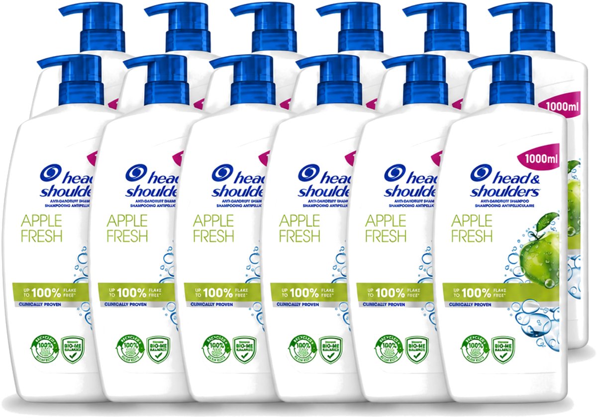 12 x Head & Shoulders - Anti-Roos Shampoo - Apple Fresh - Pompflacon - 1000 ml - Voordeelverpakking - 12 stuks