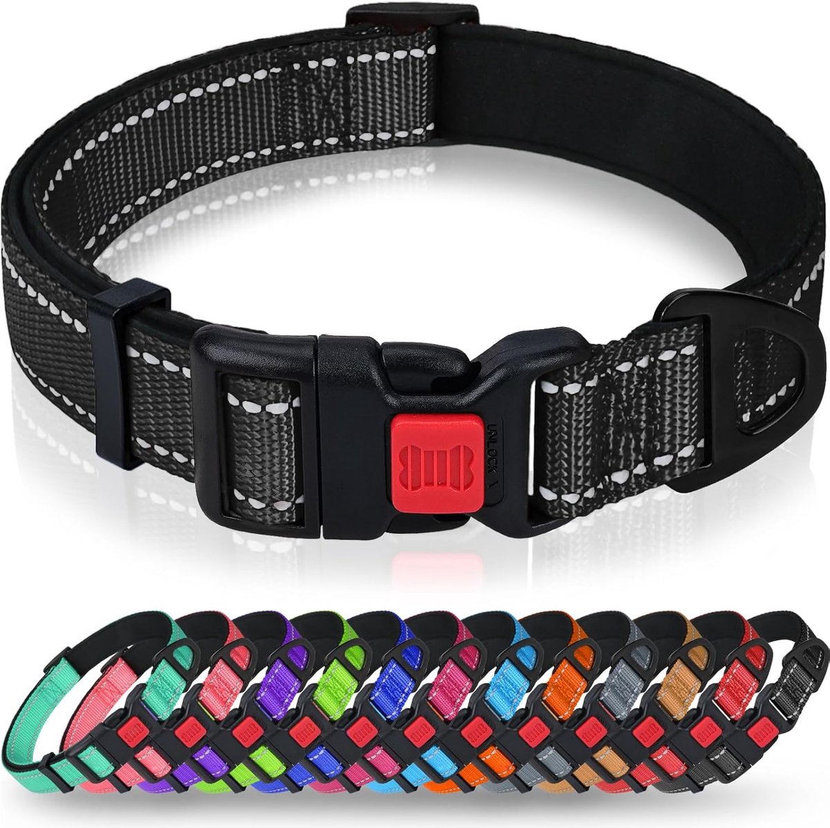 SnelShoppen - Reflecterende Nylon Hondenhalsband met Veiligheidsgesp, Verstelbare Hondenhalsband, Zachte Neopreen Voering voor Puppies, XS, Zwart