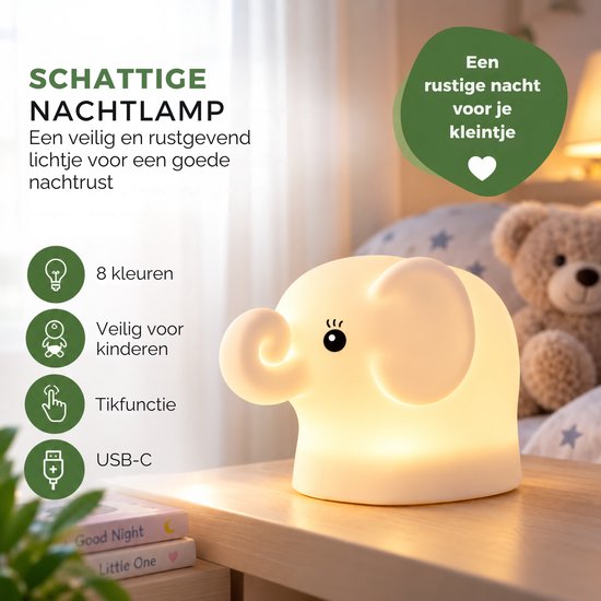 Caryota Nachtlampje Olifant - Nachtlampje Kinderen en Baby - RGB LED Kinderlamp - Dimbaar met Afstandsbediening - Oplaadbaar via USB-C - Siliconen van Merkloos — afbeelding 3
