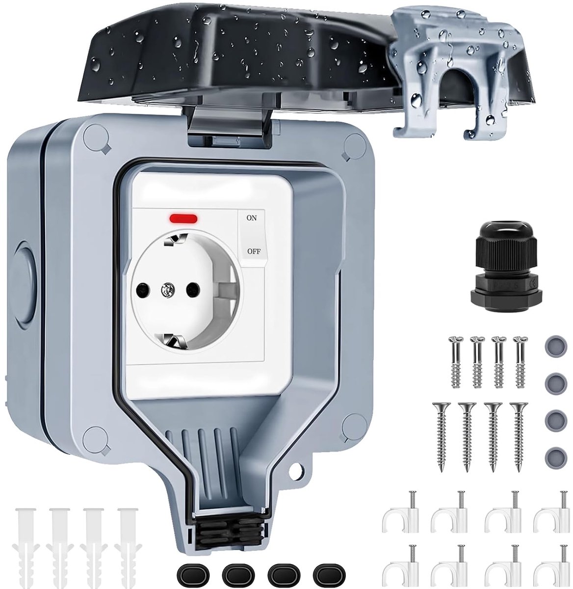 SnelShoppen - Waterproof Outdoor Socket IP66 Wandcontactdoos met Beschermklep, Waterdichte Buitenstopcontact voor Tuin, Stof- en Winddicht Wandcontact