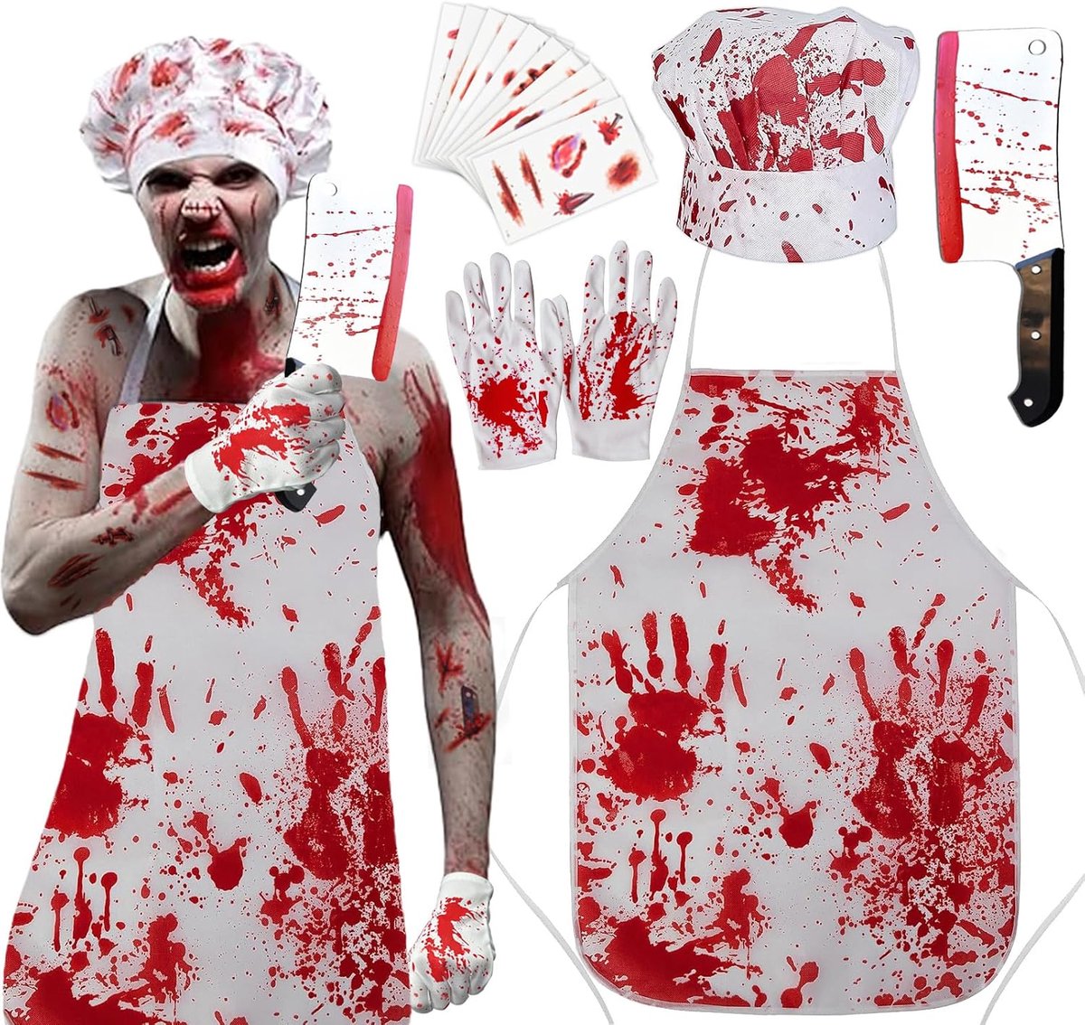 Halloween-kostuum voor heren, slagerkostuum, horror met bloedig schort, horroraccessoires voor Halloween-party, carnaval