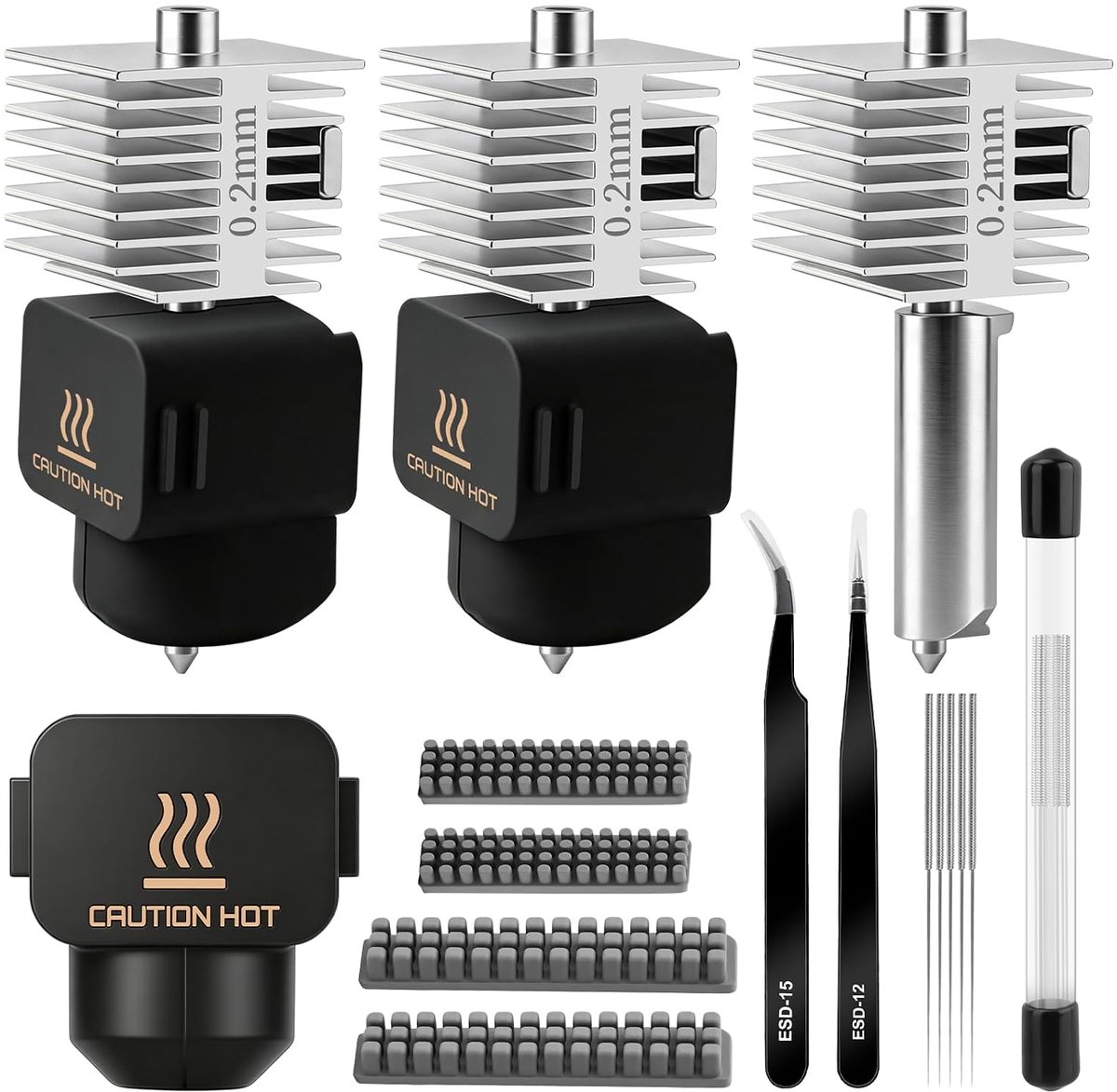 3 stuks 0,2 mm hotend A1/A1 Mini/A2L, extruderprintkop Hot End met siliconen afdekking, mondstuk, reinigingsborstel, reinigingsnaald, pincet, hotend-kit voor Bambu Lab A1/A1 Mini/A2L 3D-printer