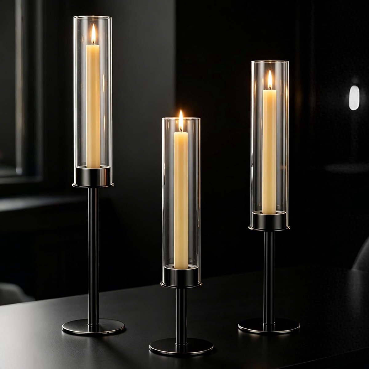 Set van 3 kandelaars staafkaars met glazen cilinder, kandelaar glas, kandelaar glas, lantaarns, tafeldecoratie, woonkamer, modern, voor staafkaarsen, tafel, bruiloft, feest, verjaardag
